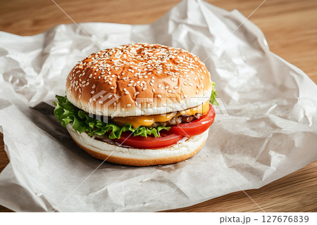 Blank white crumpled baking paper with beef burger, ai generated 127676839