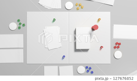 White board game field with chips, dice and cards mockup 127676852