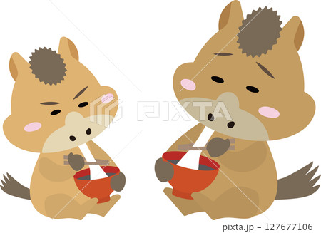 親子の馬がまったりおもちを食べるお正月イラスト（午年） 127677106