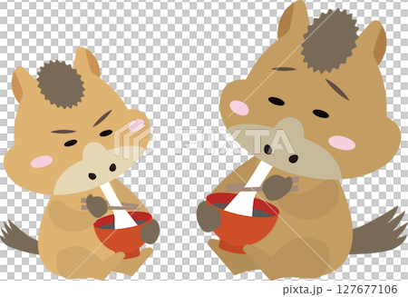 New Year's illustration of a mother and baby horse eating rice cakes (Year of the Horse) 127677106