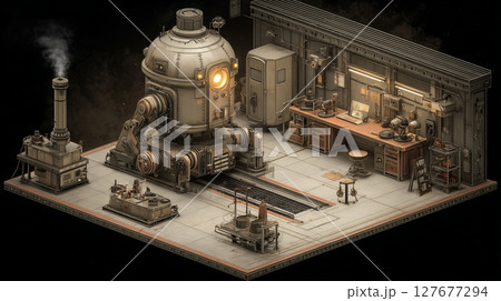 巨大装置のあるスチームパンク研究工房のイラスト 127677294