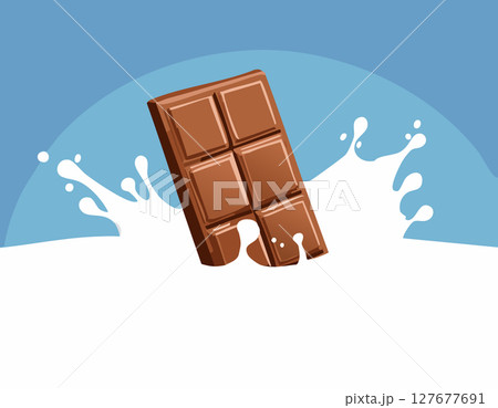 Playful chocolate bar dives into swirling milk splash against clean blue gradient sky leaving generous white copy space minimal flat art digital illustration concept of sweet dairy temptation. 127677691