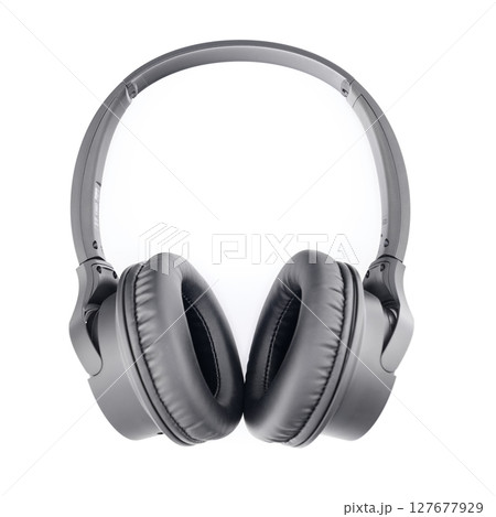 digital black wireless acoustic stereo headphones isolated on white background, top view 127677929