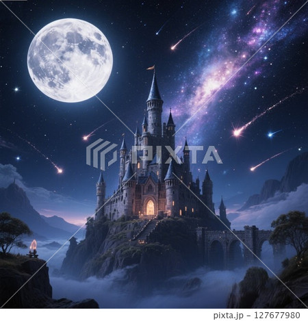 夜空に輝く満月と古城のイラスト 127677980