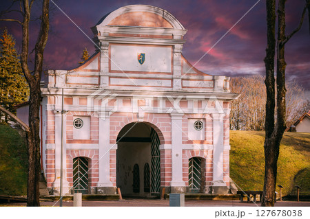 Parnu, Estonia. Tallinn Gate Is Historical Fortification Of Parnu. 17th Century Gate. Sunny Winter Day Parnu, Estonia. Tallinn Gate Is Historical Fortification Of Parnu. 17th Century Gate. Sunny Winter Day 127678038