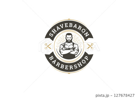 Vintage Retro Barbershop Logo Featuring a Bearded Male Barber for Grooming and Haircut Services 127678427