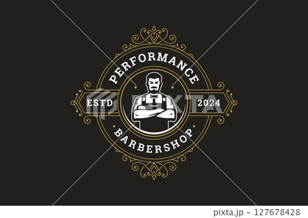 Retro Barber Shop Logo with Confident Male Barber and Vintage Design Elements 127678428