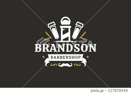 Retro Barber Shop Logo Design with Barber Pole, Trimmers, and Razor for Gentlemans Grooming Services 127678430