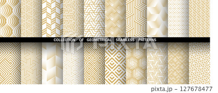 Geometric set of seamless golden and white patterns. Simple vector graphics Geometric set of seamless golden and white patterns. Simple vector graphics 127678477