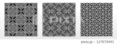 Geometric floral set of seamless patterns. Gray and black vector backgrounds. Damask graphic ornaments 127678491