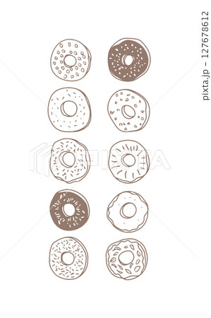 Donut collection line art illustration. Sweet pastries different flavors delicious snack. Bakery menu design food blog confectionery illustration. Minimalist brown outline white background vector 127678612