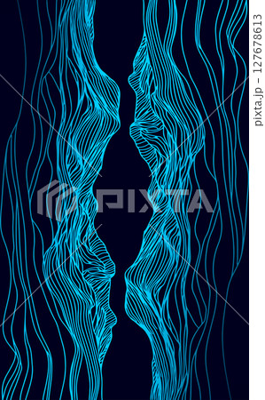 Abstract illusion optical concept. Psychology identity communication therapy education design. Blue wavy linear vector on dark navy background silhouette style. 127678613