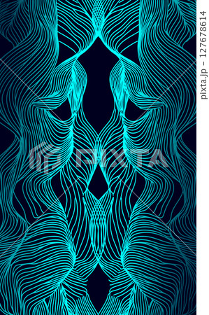 Abstract illusion optical concept. Psychology identity communication therapy education design. Blue wavy linear vector on dark navy background silhouette style. 127678614