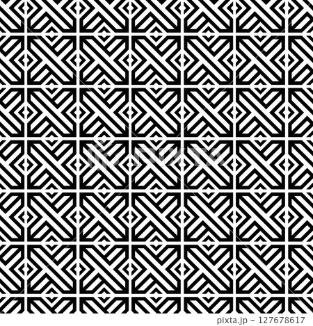 Seamless abstract geometric black and white pattern with interlocking lines and diagonal stripe elements 127678617