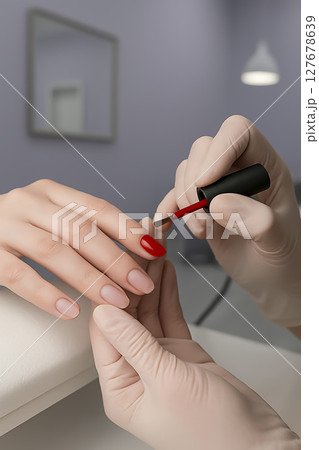 Nail extensions, manicure, nail correction, hands in the foreground gel polishes 127678639