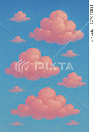 Pink clouds on a blue background in the form of inflatable objects. 127678651