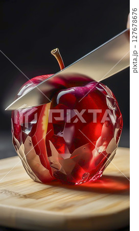 A transparent apple cut in half, like a crystal with a faceted surface, 127678676