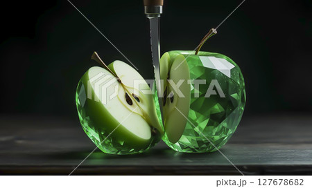 A transparent apple cut in half, like a crystal with a faceted surface, 127678682
