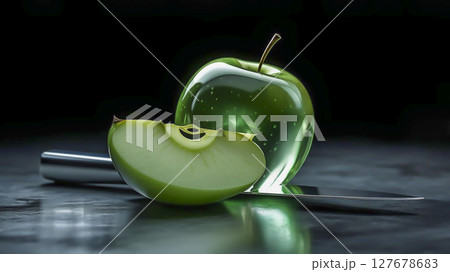 A transparent apple cut in half, like a crystal with a faceted surface, A transparent apple cut in half, like a crystal with a faceted surface, 127678683
