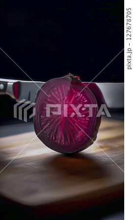 Transparent beetroot, cut in half, like a crystal with a faceted surface, 127678705