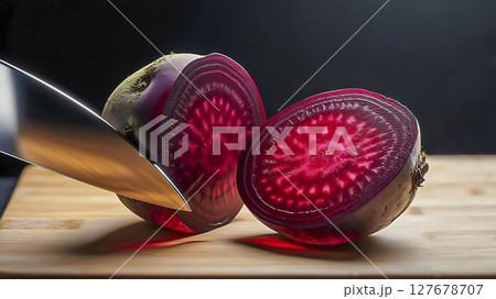 Transparent beetroot, cut in half, like a crystal with a faceted surface, 127678707