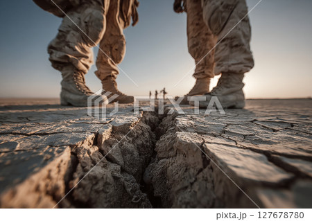 Two soldiers standing on cracked dry ground in combat boots Two soldiers standing on cracked dry ground in combat boots 127678780