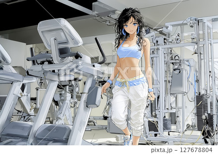 スポーツジムのトレッドミルでトレーニングをする若い女性のイラスト素材 127678804