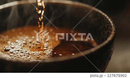 Warm inviting close-up captures dark coffee being poured into rustic cup, showing steam rising and forming light foam, ideal for representing cozy coffee moment Warm inviting close-up captures dark coffee being poured into rustic cup, showing steam rising and forming light foam, ideal for representing cozy coffee moment 127678902