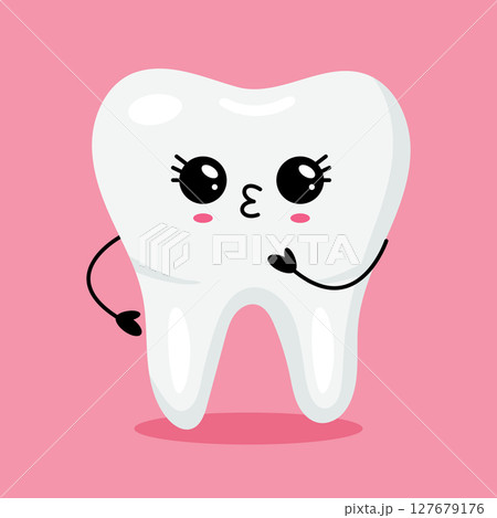 A cartoon tooth character promotes dental hygiene joyfully in a colorful kids design 127679176