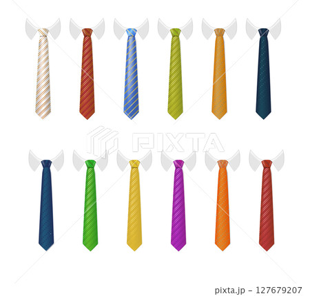 3d Realistic Neck tie with white collar. Tie neck vector with different stripe pattern. Vector 127679207