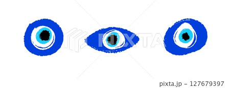 Three blue evil eye symbols with black centers on white Three blue evil eye symbols with black centers on white 127679397