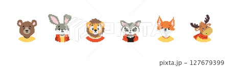 Six cute pixel art animals in colorful clothing with simple detailed features Six cute pixel art animals in colorful clothing with simple detailed features 127679399