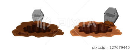 Two open graves with broken tombstones against a white background 127679440