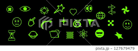 Pixel icons with retro green and abstract digital elements. Pixel icons with retro green and abstract digital elements. 127679479