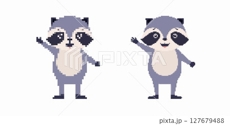 Two cute pixel raccoons waving happily with smiling faces and pointed ears 127679488