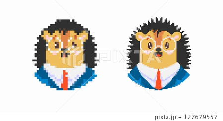 Cute pixel art hedgehogs in suits with red ties and glasses Cute pixel art hedgehogs in suits with red ties and glasses 127679557