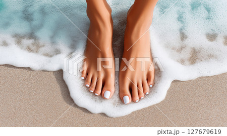 Feet relaxing on ocean shore with white pedicure and gentle waves Feet relaxing on ocean shore with white pedicure and gentle waves 127679619