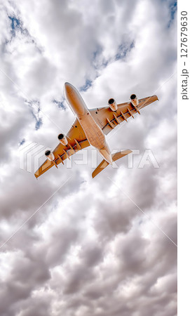 Majestic airplane soars through dramatic cloudy sky 127679630