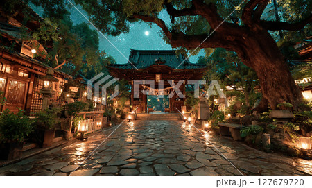 星降る夏の夜、神秘的な神社の参道と大樹のある和風風景 127679720
