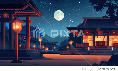 満月と灯篭が照らす夜の神社イラスト 127679724