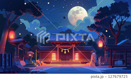 満月に照らされる夜の神社と提灯が灯る幻想的な和の風景イラスト 127679725