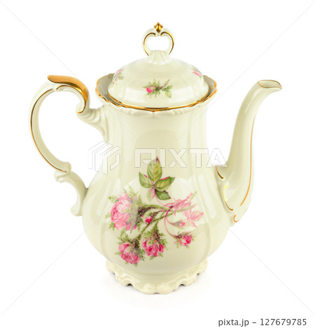 Elegant vintage porcelain coffee pot isolated on white. Elegant vintage porcelain coffee pot isolated on white. 127679785