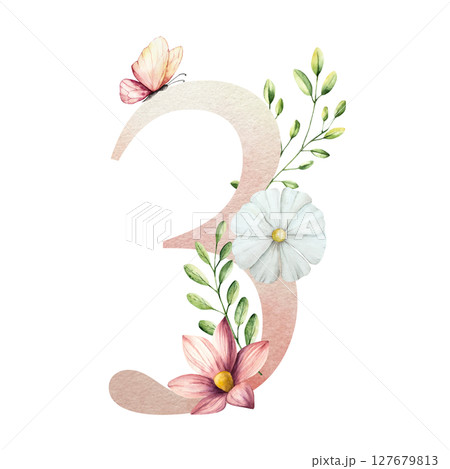 Elegant number three with flowers and leaves, butterfly. Watercolor gerbera, chamomile, echinacea. Hand drawn wildflower art isolated on background, transparent png. Botanical, easter and wedding Elegant number three with flowers and leaves, butterfly. Watercolor gerbera, chamomile, echinacea. Hand drawn wildflower art isolated on background, transparent png. Botanical, easter and wedding 127679813
