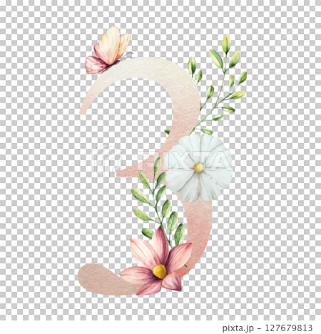 Elegant number three with flowers and leaves, butterfly. Watercolor gerbera, chamomile, echinacea. Hand drawn wildflower art isolated on background, transparent png. Botanical, easter and wedding Elegant number three with flowers and leaves, butterfly. Watercolor gerbera, chamomile, echinacea. Hand drawn wildflower art isolated on background, transparent png. Botanical, easter and wedding 127679813