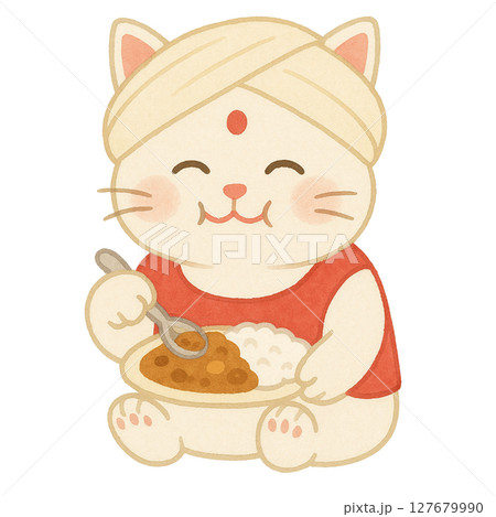 カレーを食べるインド風の可愛い白猫の水彩イラスト 127679990