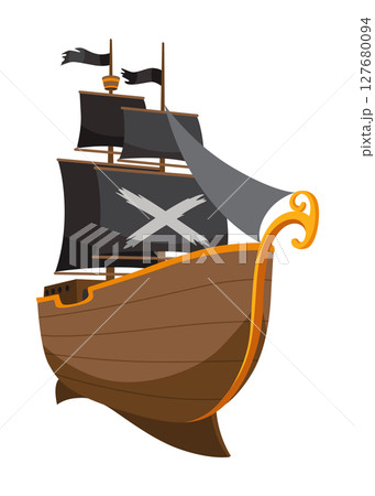 Stylized cartoon pirate ship illustration with black sails. Cute vector icon. Pirate Ship sailing on water 127680094