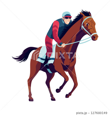 Jockey riding racehorse on a fast speed, flat style vector illustration. Horse racing tournament 127680149