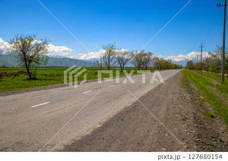 Serene rural road lined with trees and mountains at daytime in Kyrgyzstan 127680154