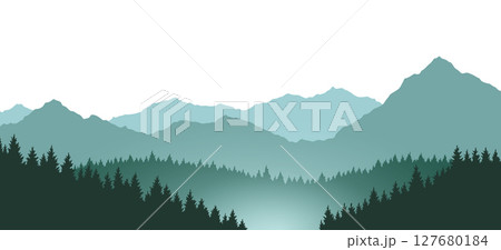 Foggy mountains landscape background. Smoky and rocky panorama with mountains skyline and pine tree forest silhouettes. Scenery with slopes, vector cartoon illustration 127680184