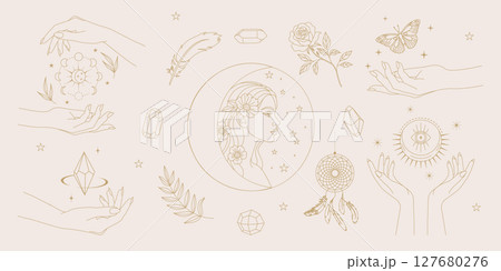 Boho magic clipart set with female hands, moon phases, crystals, feathers, sacred symbols in soft beige and gold line art. Perfect for spiritual branding, tattoos, posters, social media and stationery 127680276